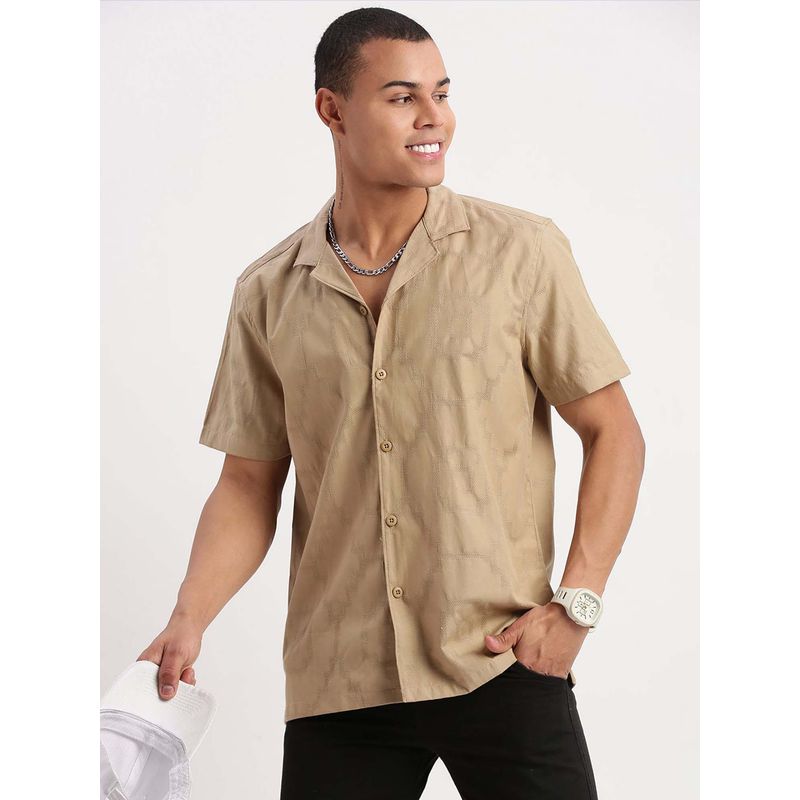 SHOWOFF Mens Short Sleeves Cuban Collar Self Design Khaki Shirt (2XL)