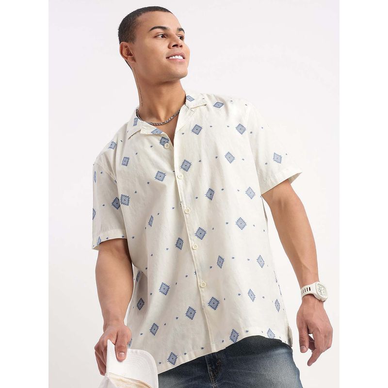 SHOWOFF Mens Short Sleeves Cuban Collar Printed Cream Shirt (XL)