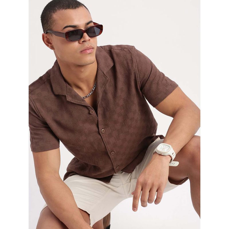 SHOWOFF Mens Short Sleeves Cuban Collar Solid Brown Shirt (2XL)