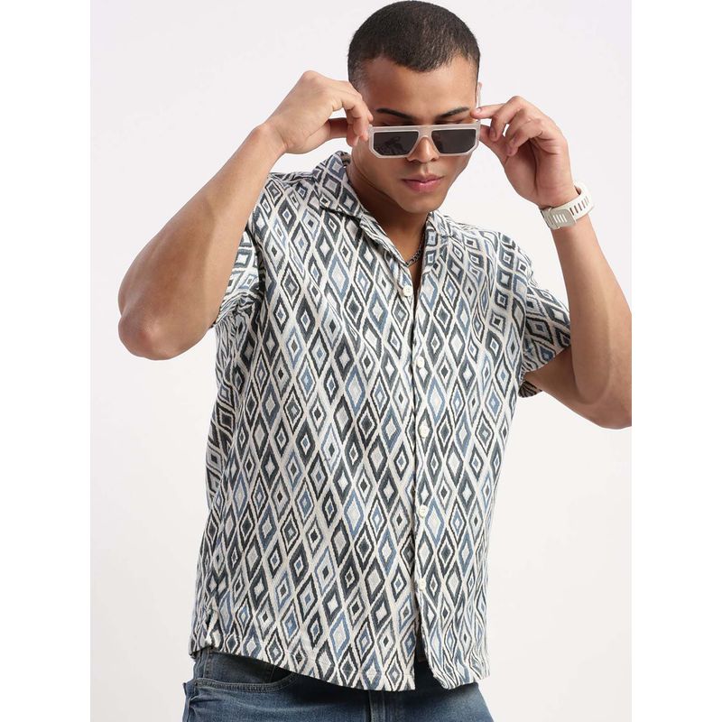 SHOWOFF Mens Short Sleeves Cuban Collar Geometric Teal Shirt (S)