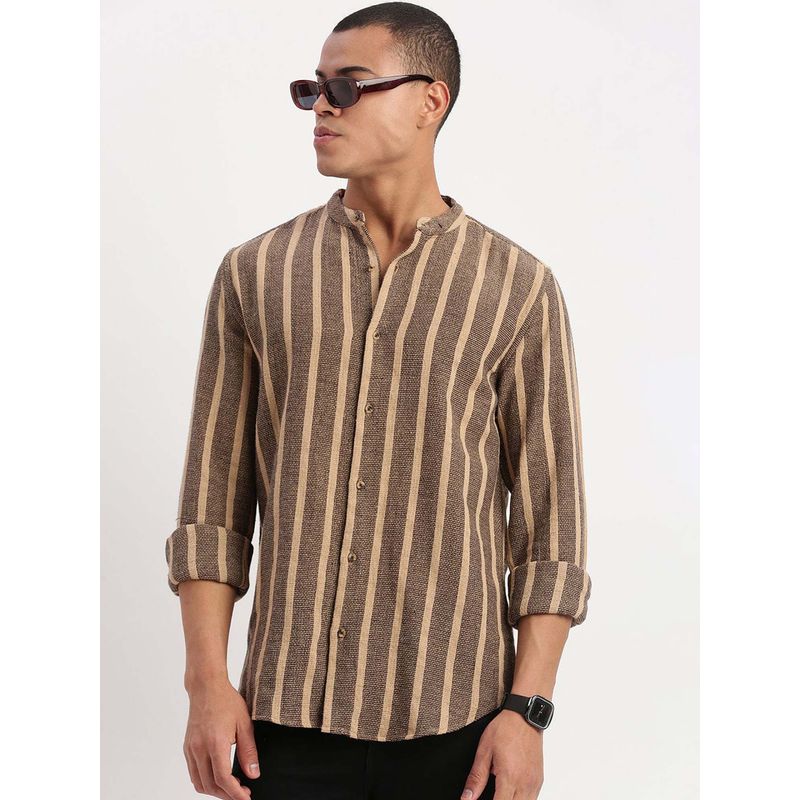 SHOWOFF Mens Long Sleeves Mandarin Collar Vertical Stripes Brown Shirt (S)