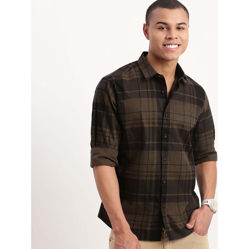 SHOWOFF Mens Long Sleeves Tartan Checks Olive Shirt (L)