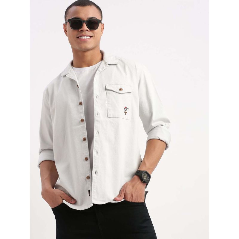 SHOWOFF Mens Long Sleeves Cuban Collar Solid Off White Oversized Shacket Shirt (L)
