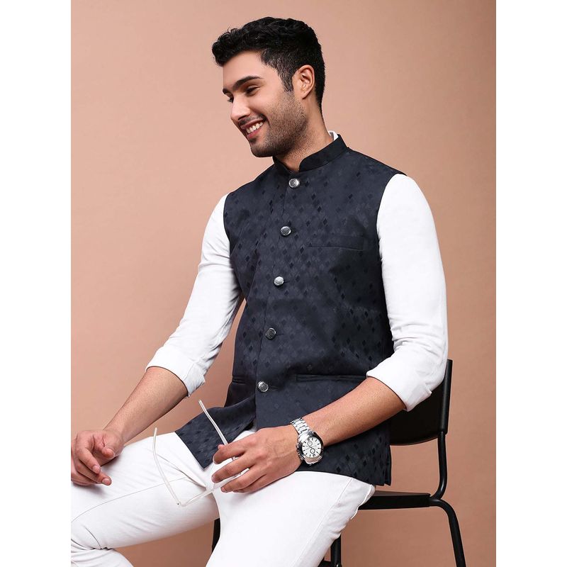 SHOWOFF Men's Woven Design Navy Blue Slim Fit Nehru Jacket (S)