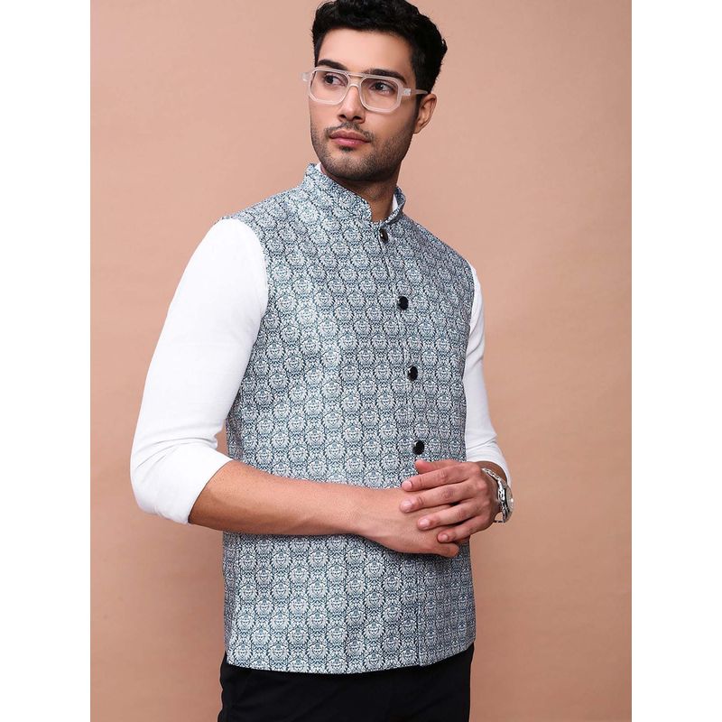 SHOWOFF Men's Printed Teal Slim Fit Nehru Jacket (XS)