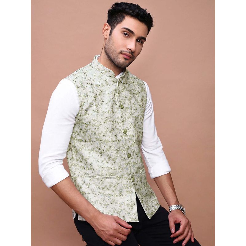 SHOWOFF Men's Printed Green Slim Fit Nehru Jacket (S)