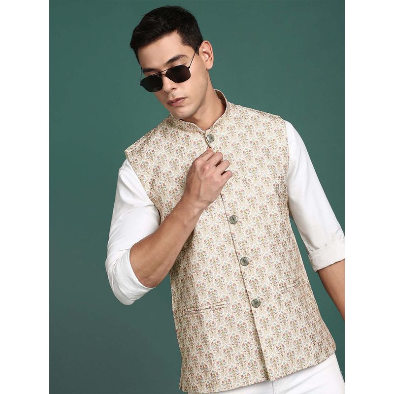 SHOWOFF Men's Printed Cream Slim Fit Nehru Jacket (XS)