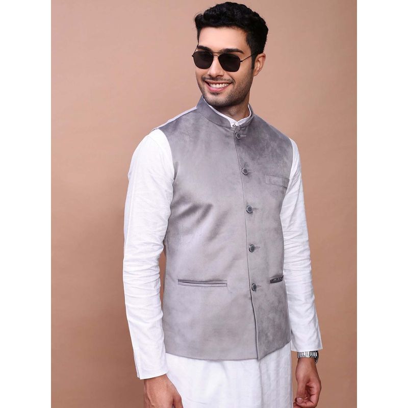SHOWOFF Men's Solid Grey Slim Fit Nehru Jacket (S)