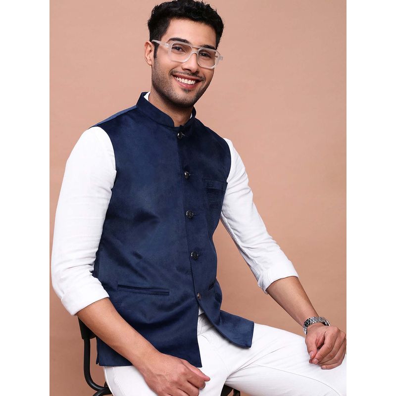 SHOWOFF Men's Solid Navy Blue Slim Fit Nehru Jacket (S)