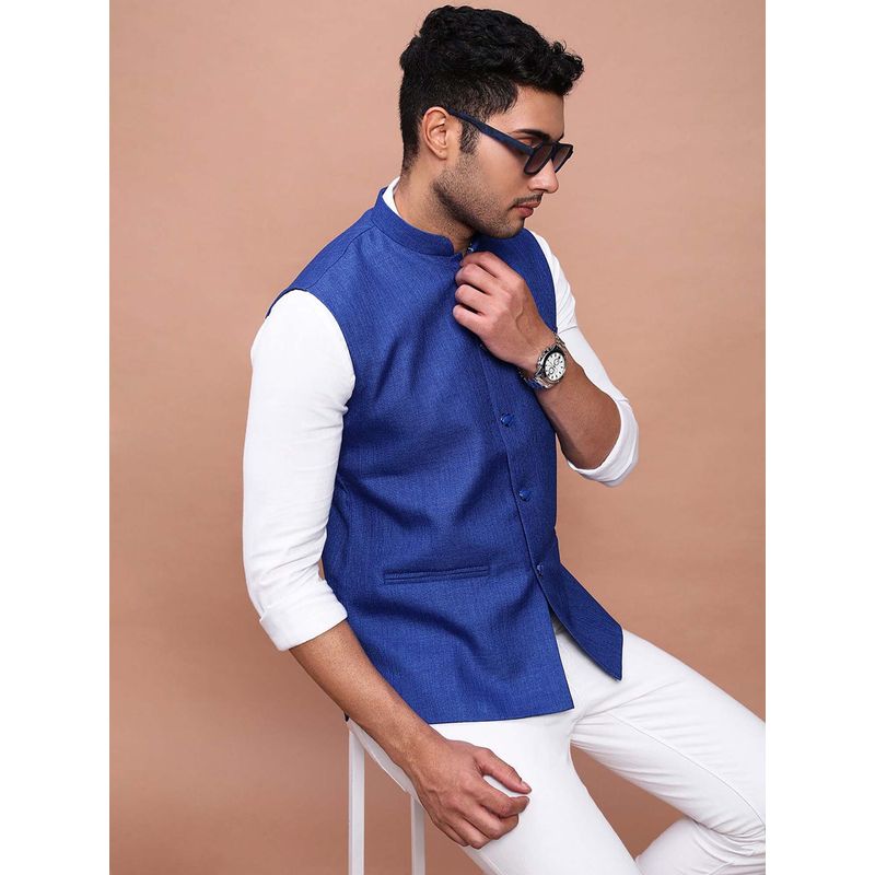 SHOWOFF Men's Solid Blue Slim Fit Nehru Jacket (S)