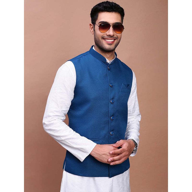 SHOWOFF Men's Solid Turquoise Blue Slim Fit Nehru Jacket (L)