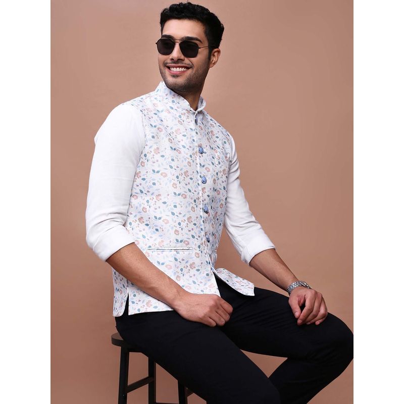 SHOWOFF Men's Printed Off White Slim Fit Nehru Jacket (XL)