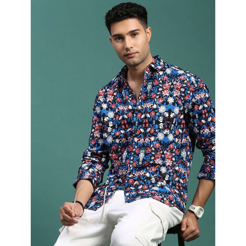SHOWOFF Mens Floral Blue Slim Fit Shirt (S)