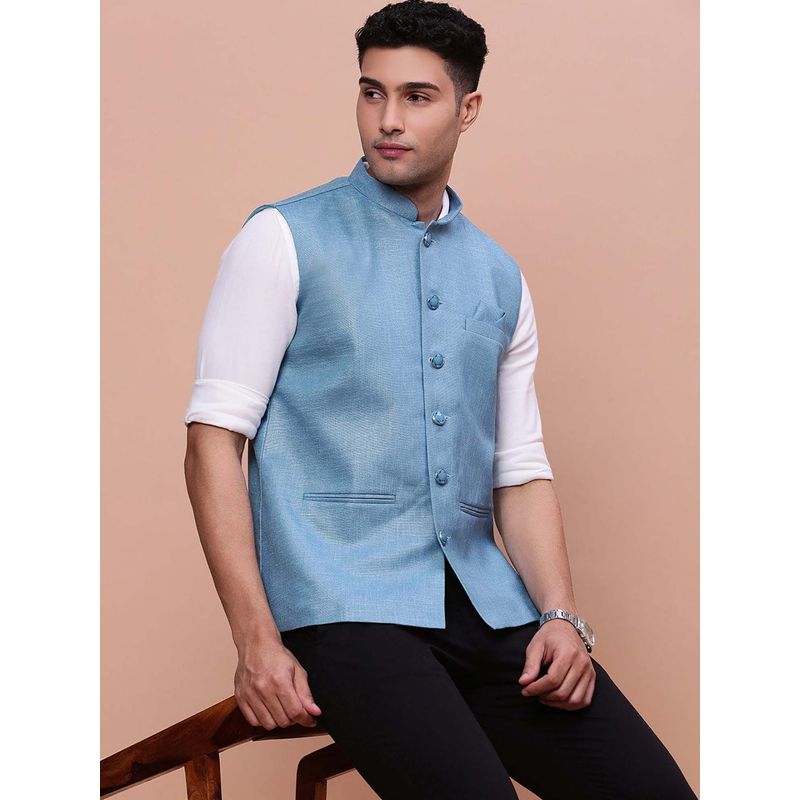 SHOWOFF Mens Solid Turquoise Blue Slim Fit Nehru Jacket (S)