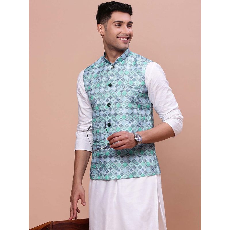 SHOWOFF Mens Printed Turquoise Blue Slim Fit Nehru Jacket (S)