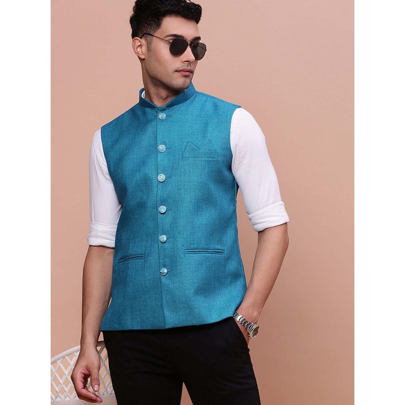 SHOWOFF Mens Solid Turquoise Blue Slim Fit Nehru Jacket (L)