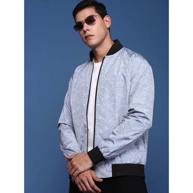 SHOWOFF Mens Blue Mandarin Collar Printed Bomber Jacket (M)