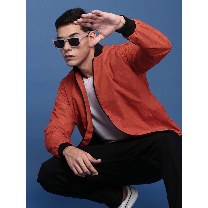 SHOWOFF Mens Orange Mandarin Collar Printed Bomber Jacket (M)