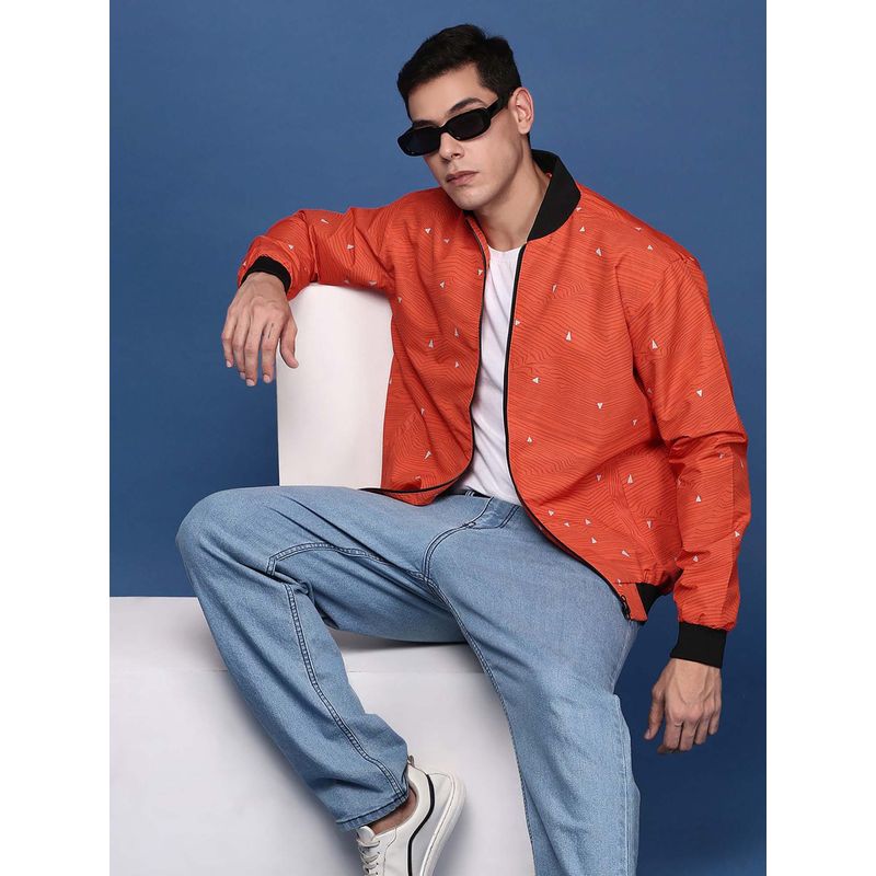 SHOWOFF Mens Orange Mandarin Collar Printed Bomber Jacket (M)