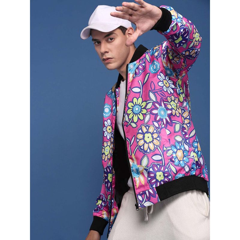 SHOWOFF Mens Pink Mandarin Collar Floral Bomber Jacket (M)