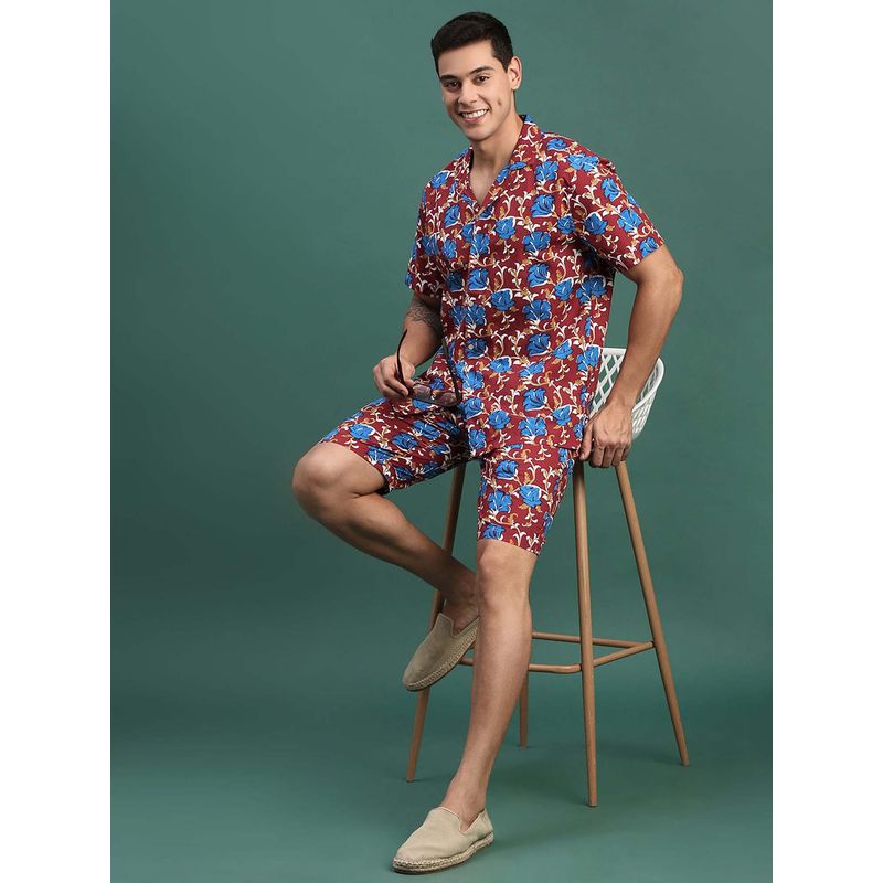 SHOWOFF Mens Maroon Floral Cuban Collar Relaxed Fit Co-Ord (Set of 2) (S)