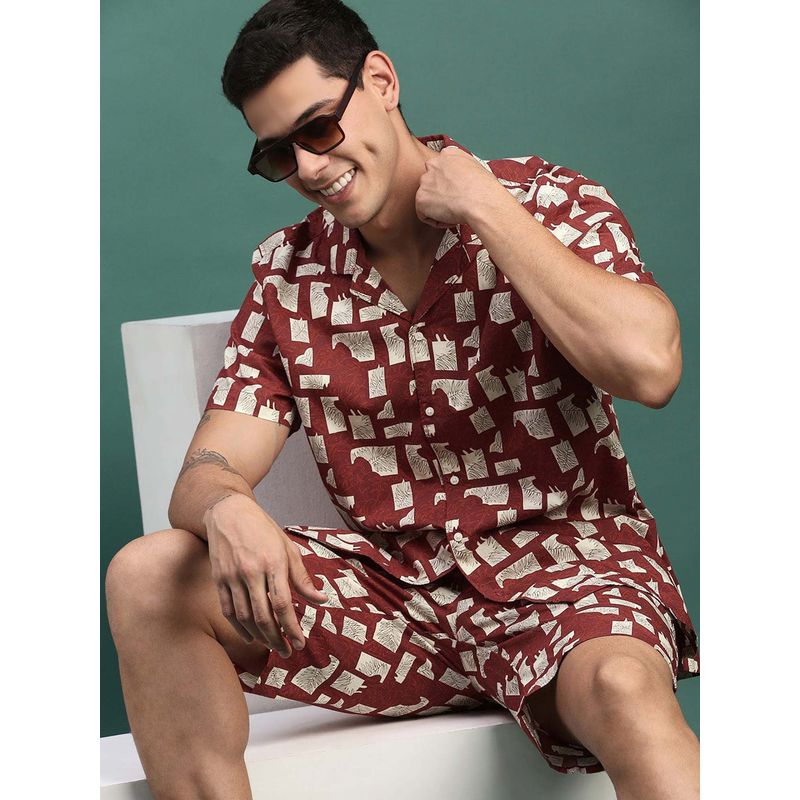 SHOWOFF Mens Maroon Printed Cuban Collar Relaxed Fit Co-Ord (Set of 2) (M)
