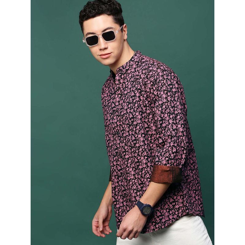 SHOWOFF Men Pink Floral Slim Fit Mandarin Neck Shirt (S)