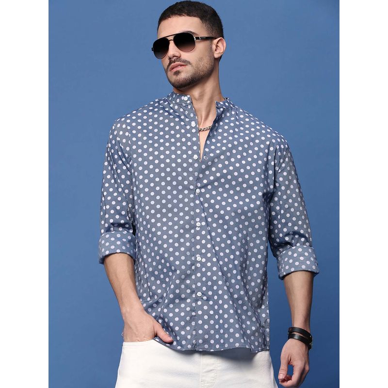 SHOWOFF Men Grey Polka Dots Slim Fit Mandarin Neck Shirt (S)