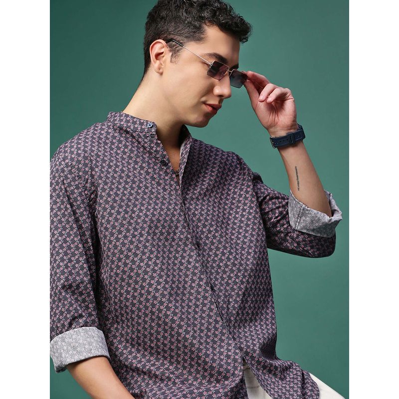 SHOWOFF Men Grey Micro Ditsy Slim Fit Mandarin Neck Shirt (S)