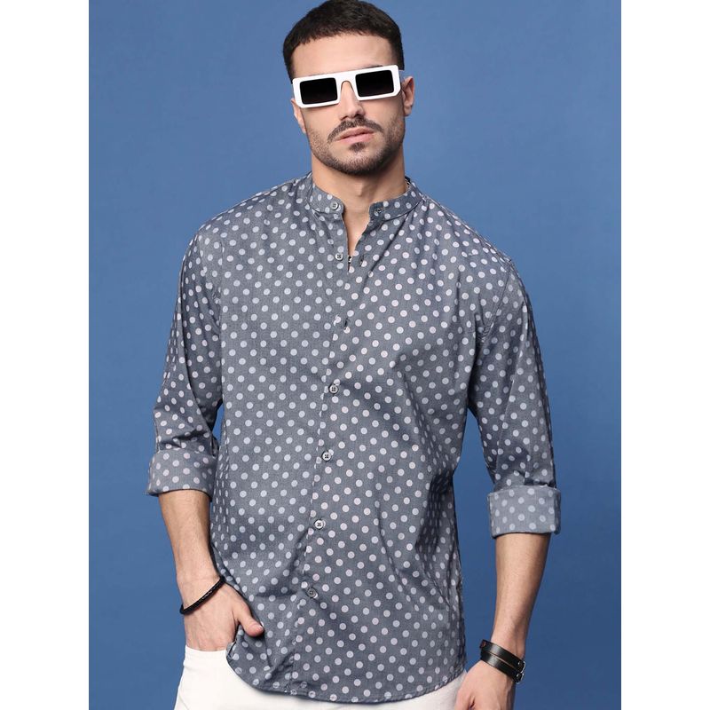 SHOWOFF Men Grey Polka Dots Slim Fit Shirt (S)
