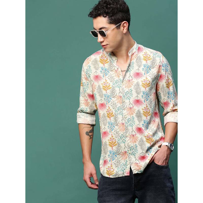 SHOWOFFFF Men Cream Floral Slim Fit Shirt (XL)