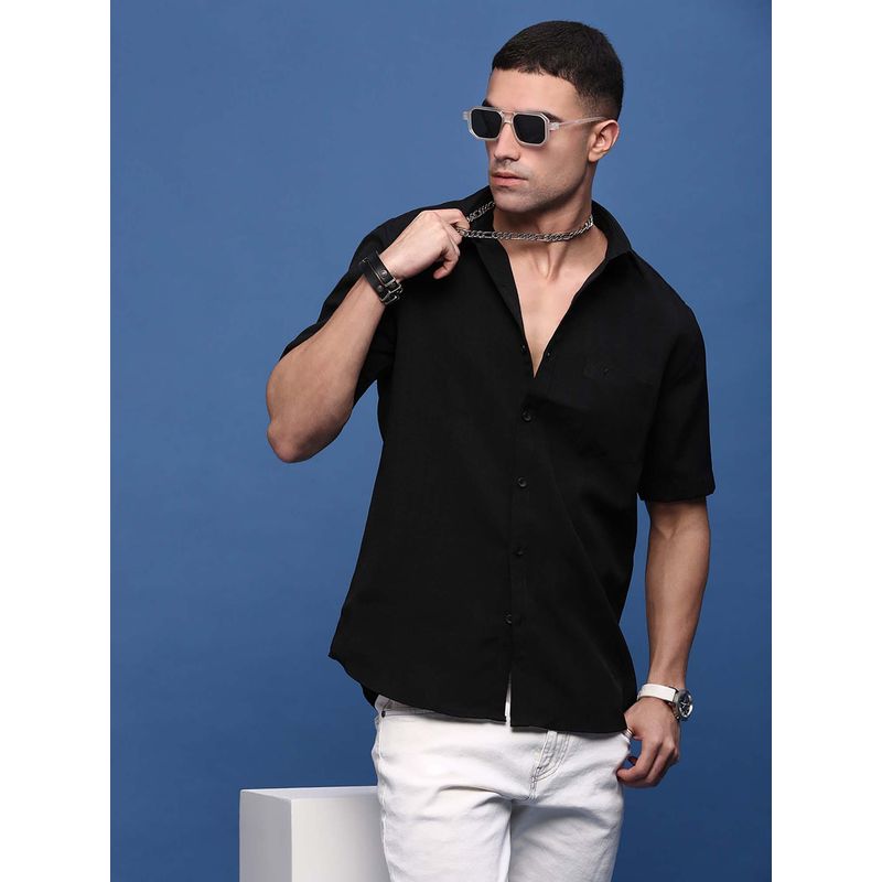 SHOWOFF Men Black Solid Slim Fit Half Sleeves Shirt (L)