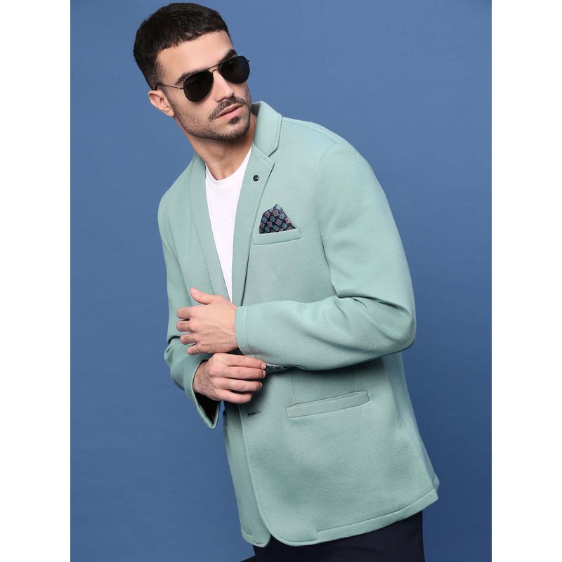 SHOWOFF Men Turquoise Blue Slim Fit Single-Breasted Blazer (M)