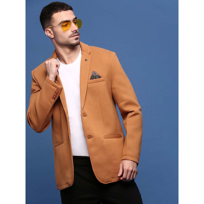 SHOWOFF Men Camel Brown Slim Fit Single-Breasted Blazer (XS)