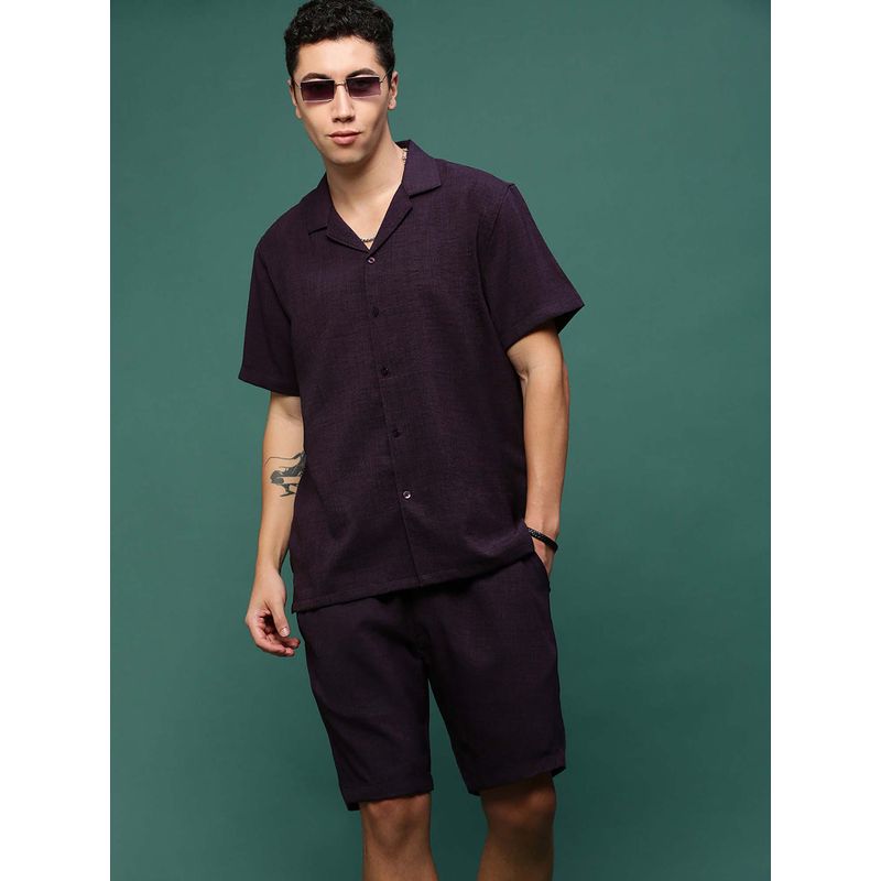 SHOWOFF Men Purple Cuban Collar Solid Co-Ord (Set of 2) (M)