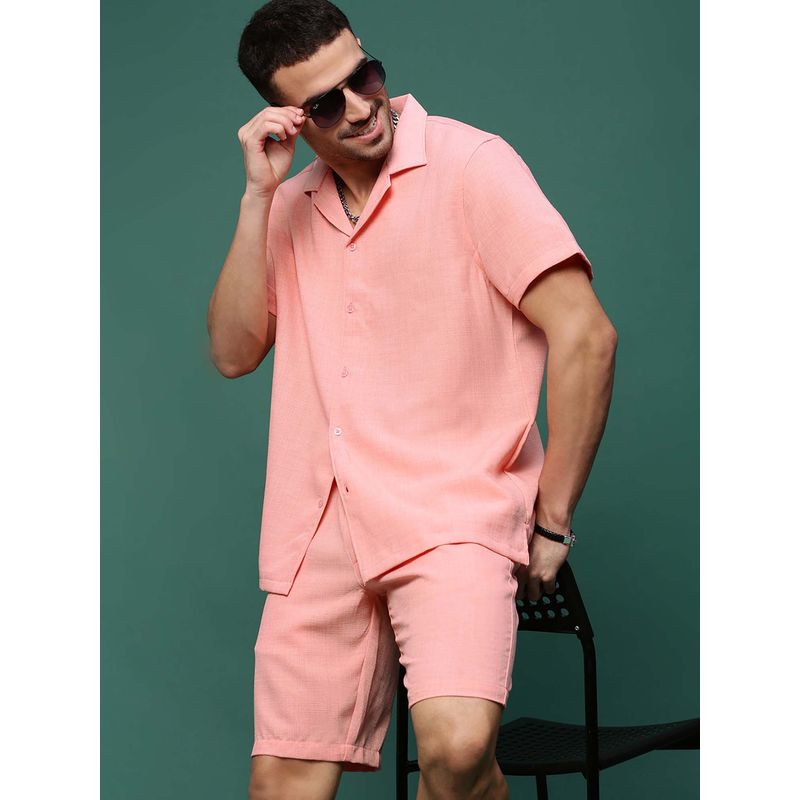 SHOWOFF Men Pink Cuban Collar Solid Co-Ord (Set of 2) (M)