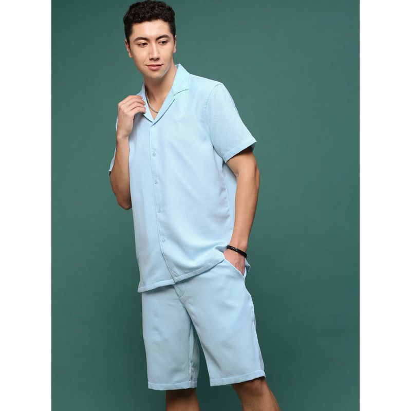 SHOWOFF Men Blue Collar Self Design Co-Ord (Set of 2) (L)