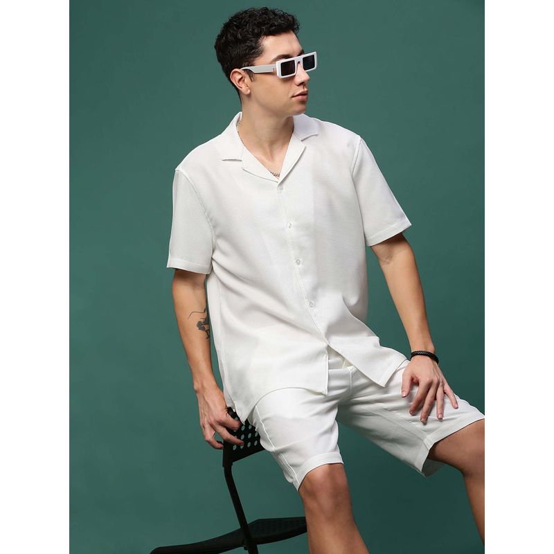 SHOWOFF Men White Collar Self Design Co-Ord (Set of 2) (2XL)