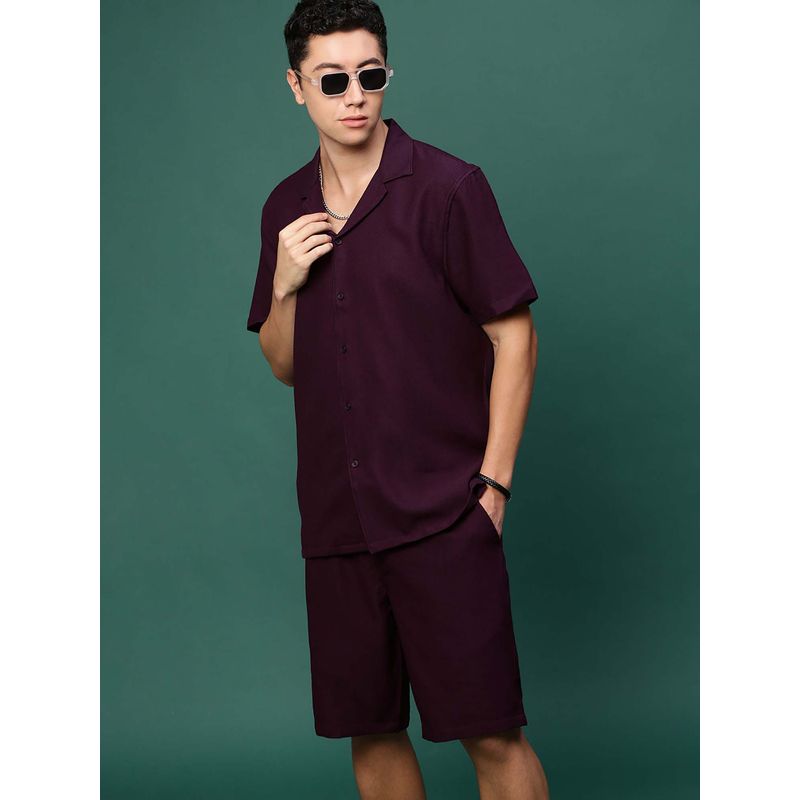 SHOWOFF Men Purple Cuban Collar Self Design Co-Ord (Set of 2) (XL)