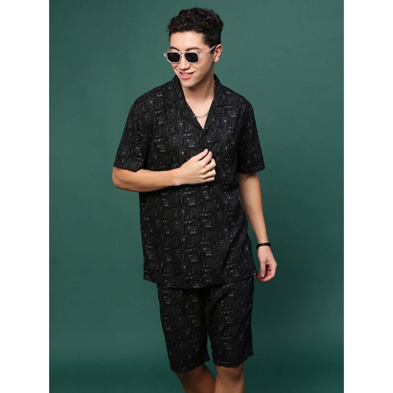 SHOWOFF Men Black Cuban Collar Printed Co-Ord (Set of 2) (L)