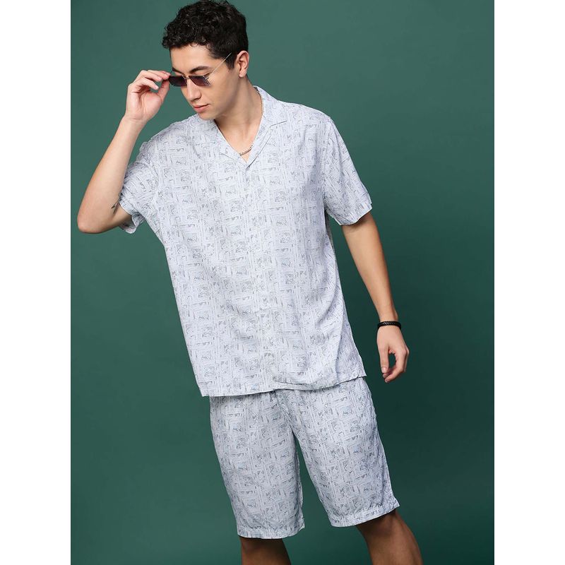 SHOWOFF Men Off White Cuban Collar Printed Co-Ord (Set of 2) (S)