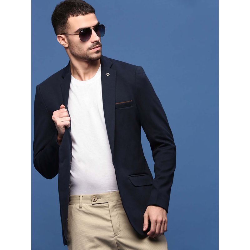 SHOWOFF Men Navy Blue Slim Fit Single-Breasted Blazer (L)