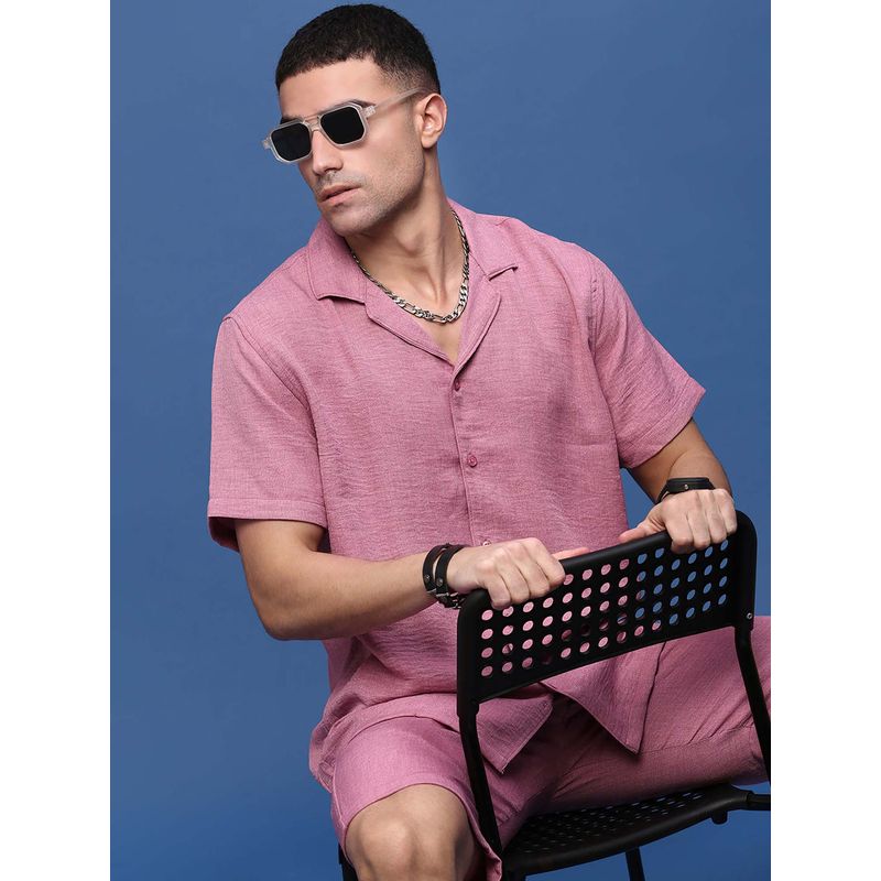 SHOWOFF Men Purple Cuban Collar Self Design Co-Ord (Set of 2) (S)