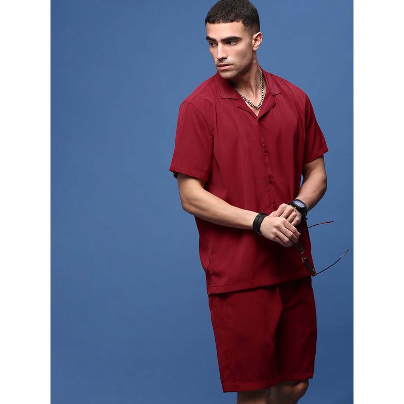 SHOWOFF Men Red Cuban Collar Stripes Co-Ord (Set of 2) (XL)