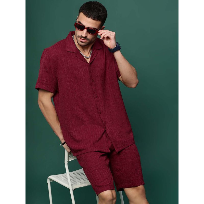 SHOWOFF Men Maroon Cuban Collar Self Design Co-Ord (Set of 2) (S)