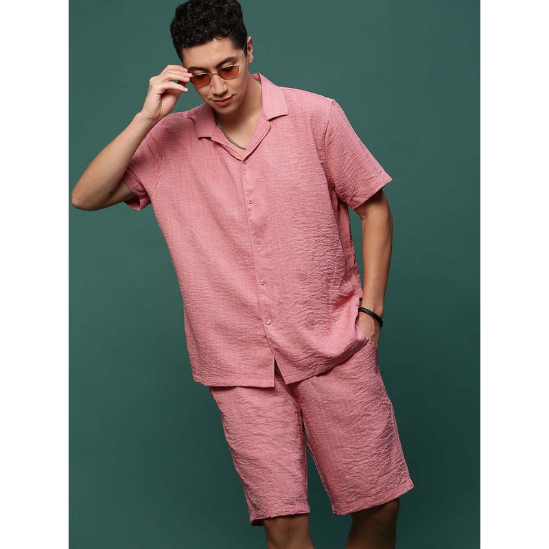 SHOWOFF Men Pink Cuban Collar Self Design Co-Ord (Set of 2) (L)