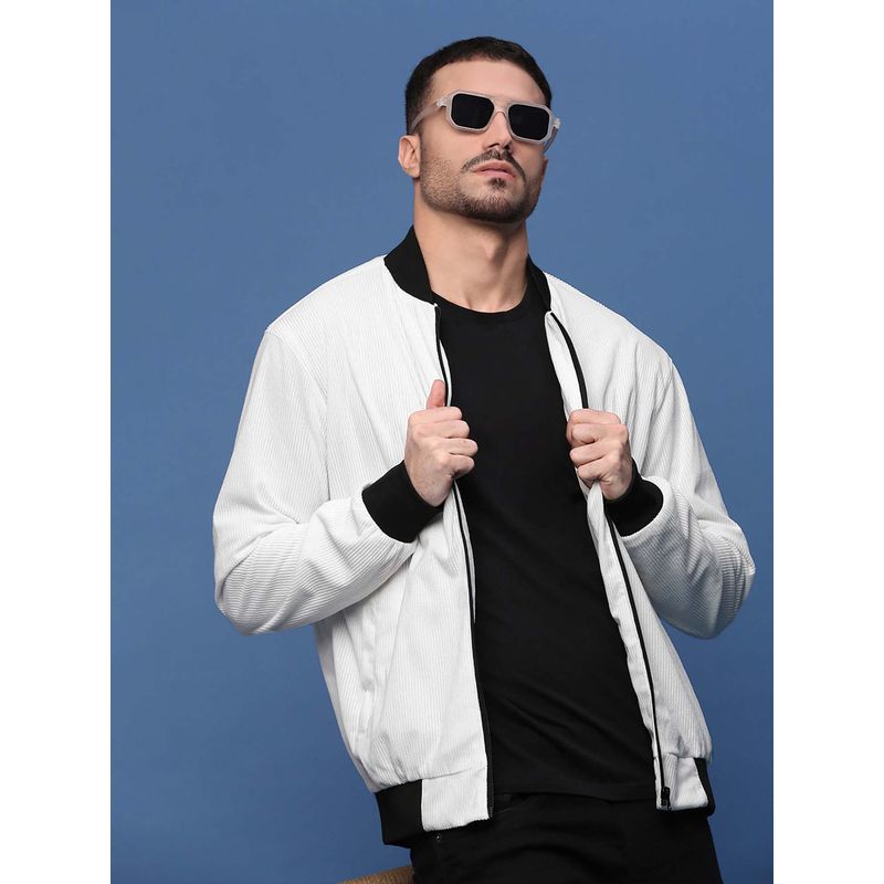 SHOWOFF Men High Collar Solid White Bomber Jacket (XL)