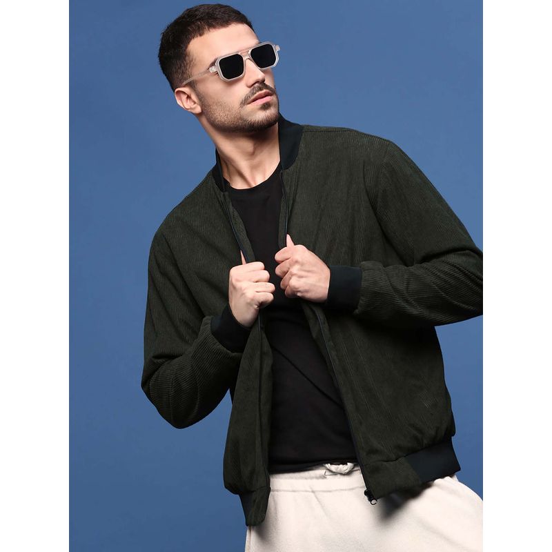 SHOWOFF Men Mandarin Collar Solid Olive Bomber Jacket (XL)