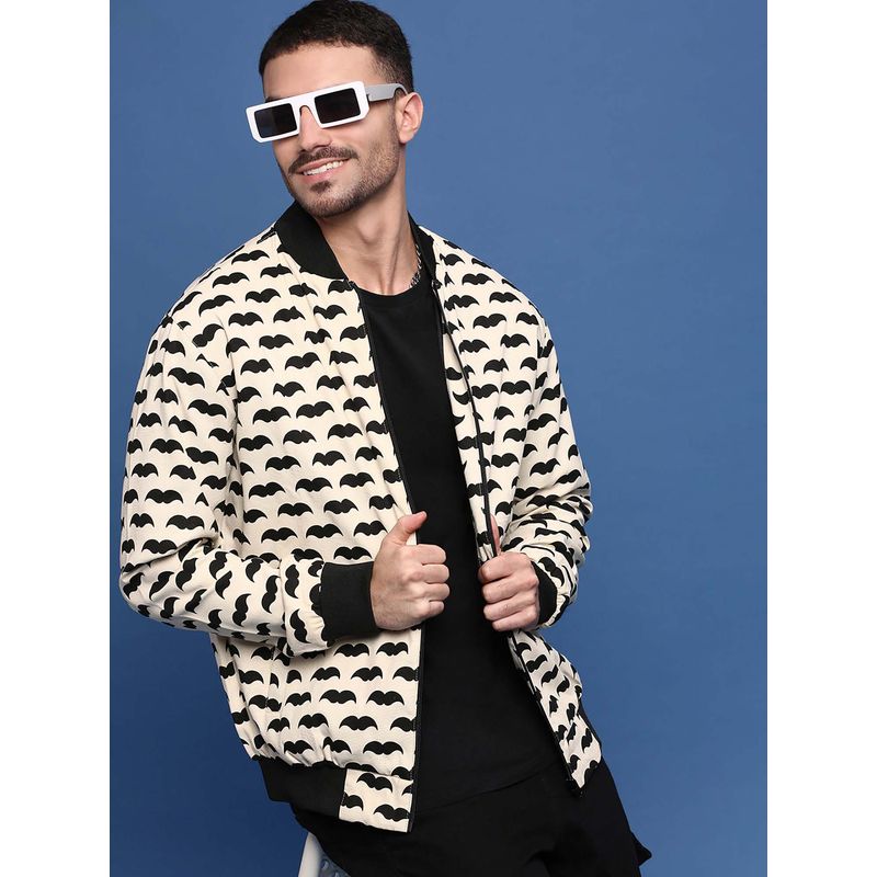 SHOWOFF Men High Collar Graphic Cream Bomber Jacket (L)
