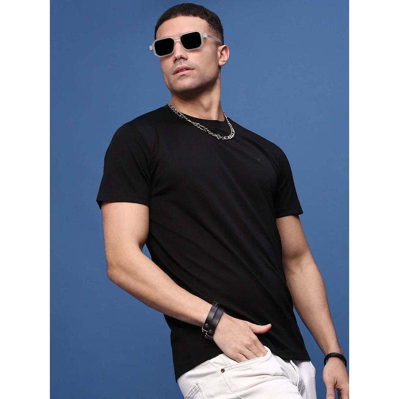SHOWOFF Men Round Neck Black Cotton Solid T-Shirt (M)